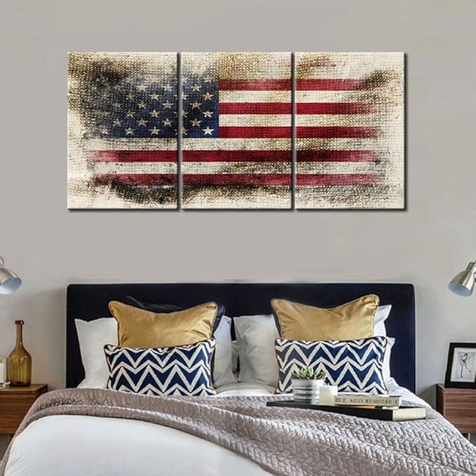 3 Piece Wall Art for Bedroom Native American Flags Dirty Paintings White Stripes Canvas Artwork White Star Pictures Giclee Rustic Home Decorations Framed Ready to Hang Posters and Prints(48''Wx24''H)