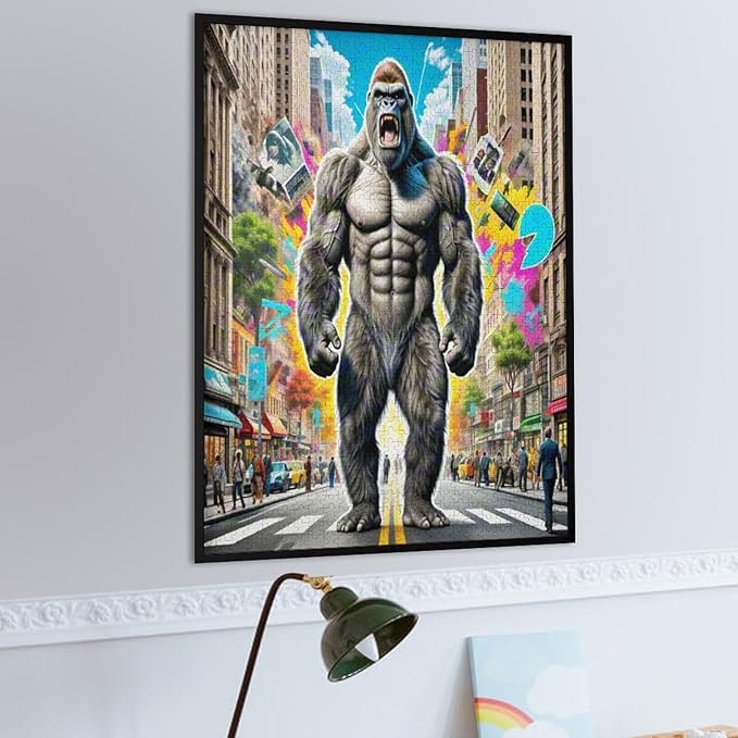 Funny Wooden Puzzle - Gorilla Attacks City Puzzle for Adult 1000 Piece，Wooden Jigsaw Puzzles Art Leisure Game Fun Suitable Family Friends Educational Learning Games Gift