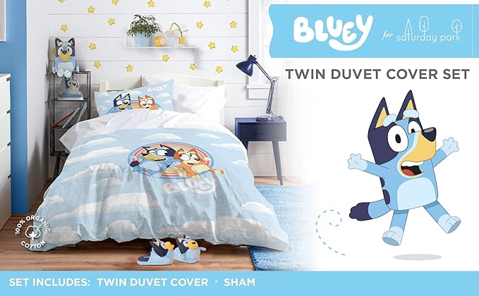 Saturday Park Bluey and Bingo Rainbow Clouds Twin Duvet Cover & Sham Set - 2 Piece 100% Organic Cotton Duvet Set - GOTS & Oeko-TEX Certified