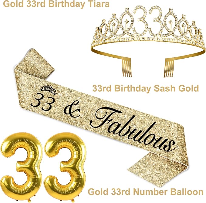 33 Birthday Decorations Women Gold with 33rd Birthday Sash and Tiara, Cake Topper and Candles, Number Balloons, 33 Year Old Gifts for Women