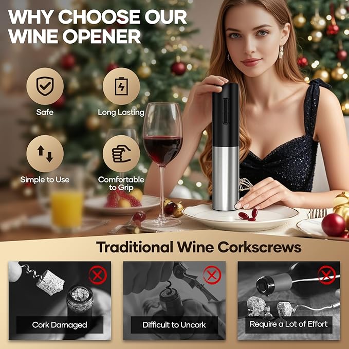 Electric Wine Opener, Automatic Electric Wine Bottle Corkscrew Opener with Foil Cutter Aerator Pourer Vacuum Stopper, Rechargeable Wine Opener Set, Gift For Christmas New Year Housewarming Birthday