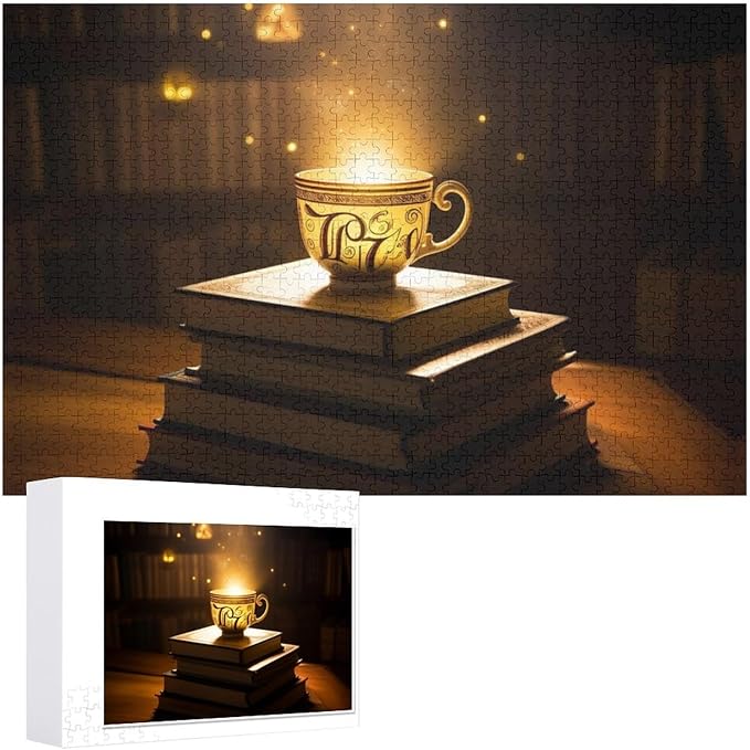 Wooden Puzzle - Hot Tea On A Book Rounded Corner Jigsaw Puzzles，Wooden Puzzles for Adults 1000 Pieces Challenge Puzzles，Educational Games，Family Puzzles，Unique Gifts for Wall Art