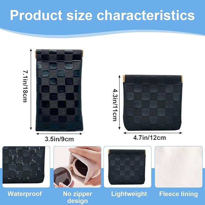 2PCS Small Makeup Bag for Purse, Mini Leather Pocket Cosmetic Bag for Women, Waterproof Portable Makeup Pouch No Zipper Coin Purse Lipstick Bag Accessories, Checkered Travel Storage Bag (Black)