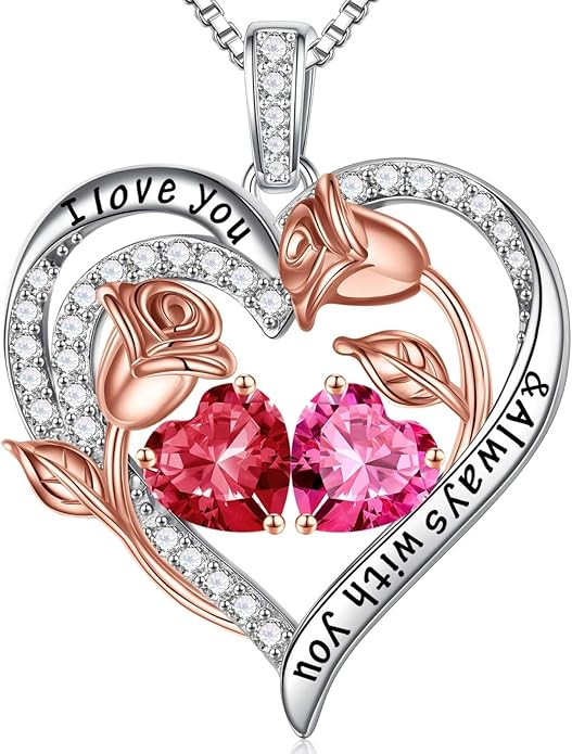 Iefil Valentines Day Gifts for Her - 925 Sterling Silver Rose Heart Birthstone Necklace Birthday Anniversary Jewelry Gifts for Her Wife Mom Daughter