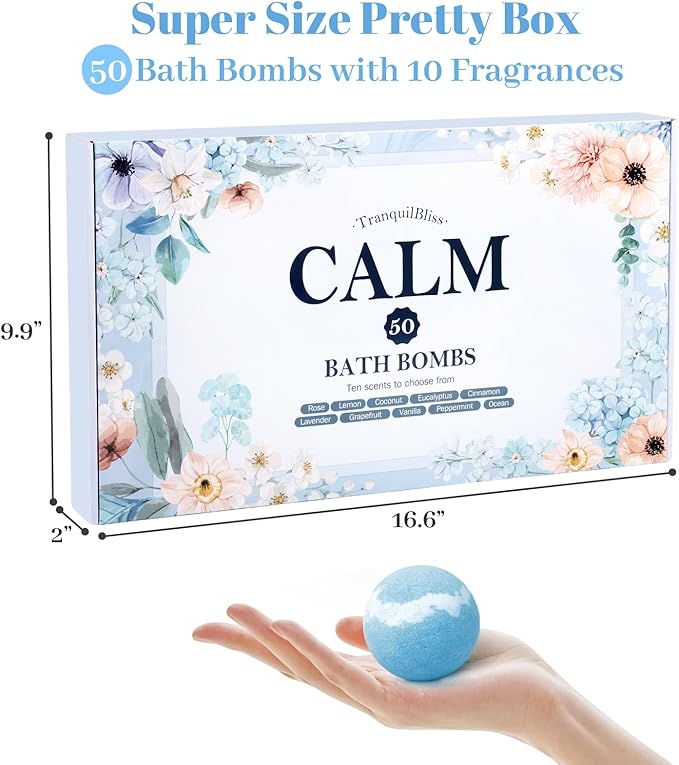 TranquilBliss Bath Bombs Set 50 PCS with 10 Rich Scents, Bath Bombs for Women, Natural Bubble Bombs with Shea Butter & Safe Oil, Ideal for Valentine's Day, Christmas, Birthday, Mother's Day Present