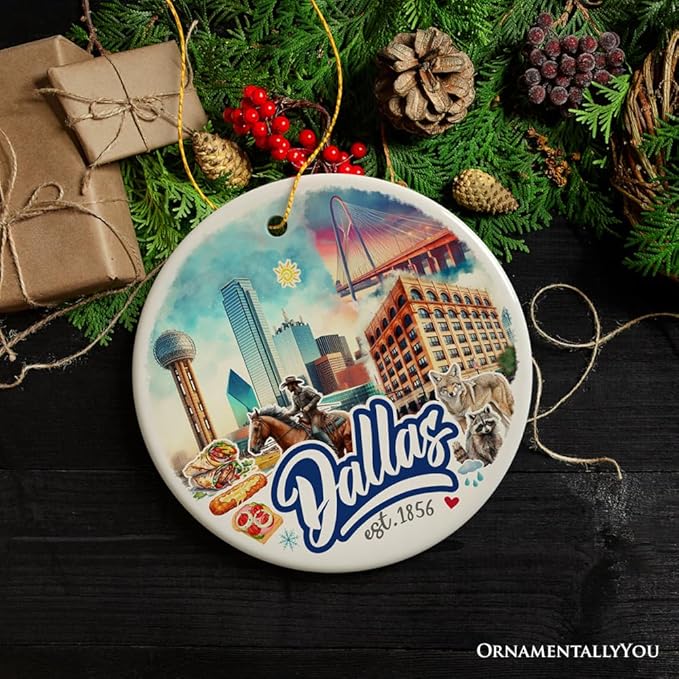 Artistic Dallas Texas Christmas Ornament, Unique Ceramic Keepsake Souvenir and Gift