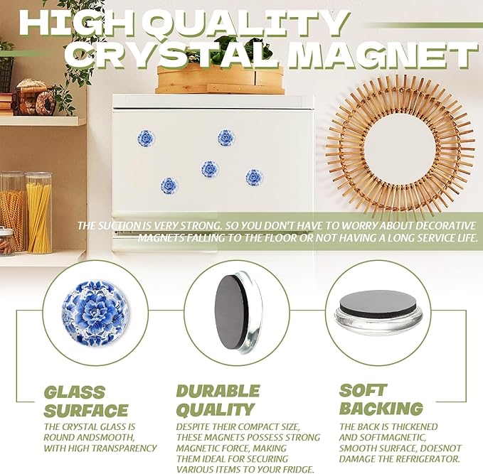 Fridge Magnets 6 Pcs Blue and White Flower Tapestry with Delicate Details Round Strong Magnetic Glass Small Refrigerator Magnet,Home Decoration for Office Whiteboard,Classroom,Cabinet and Dishwasher