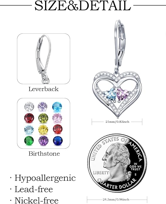 Heart Leverback Earrings Double Birthstone Dangle Earrings for Women, Love Jewelry for Her, Christmas Gifts for Women, Anniversary Birthday Gift for Mom Wife Girlfriend