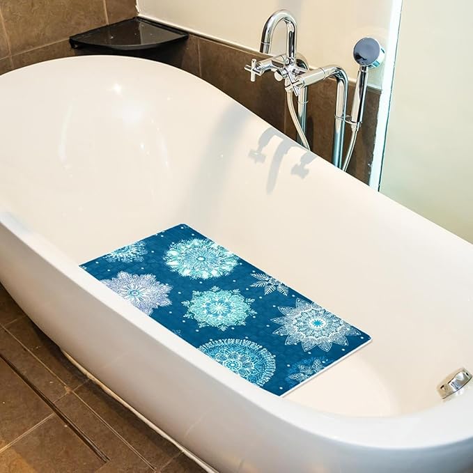 Seamless Christmas Blue Snowflakes Bath Tub and Shower Mats, Non Slip Bathmat with Drain Holes and Suction Cups for Bathroom Floor, 15.1 x 26.8 Inch
