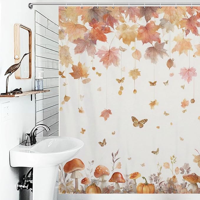 Fall Pumpkin Shower Curtain Autumn Maple Leaves Thanksgiving Harvest Waterproof Washable Fabric Bathroom Shower Curtains for Bathroom Decorations Home Indoor Decor 72x72Inch