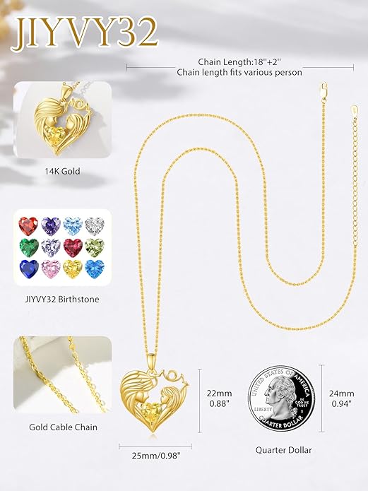 Mother and Daughter/Son Love Heart Necklace White Gold/14K Gold/Rose Gold Birthstone Jewelry Christmas Mothers Day Birthday Gifts For Mom Wife Grandma Women