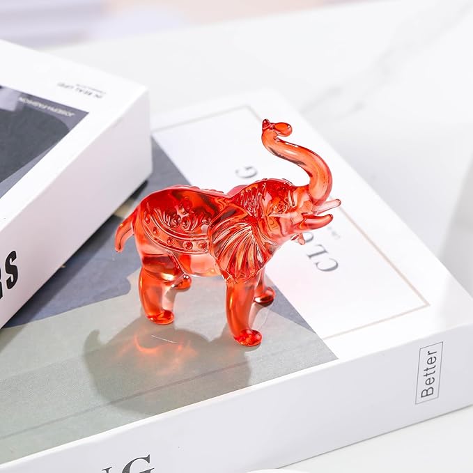 Crystal Elephant Figurine Home Decor, Glass Statue Gifts, Crystal Animals Collectible Tabletop Decoration Elephant Sculpture with Trunk Up (Red)
