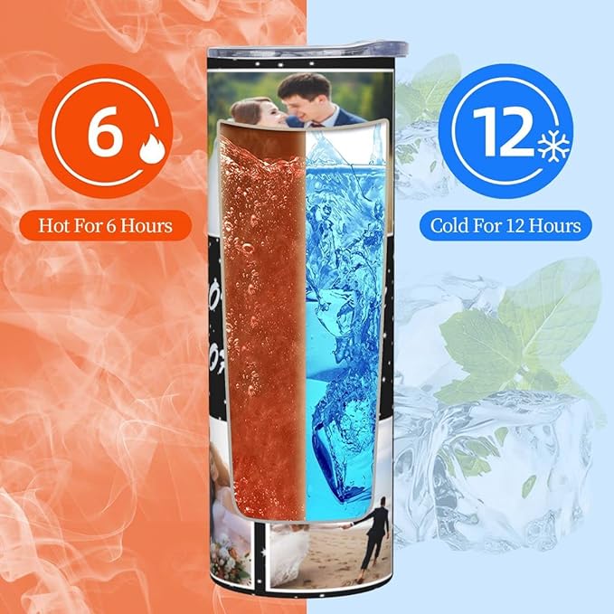 Personalized Custom tumbler Coffee Mug with Lid and Straw Hot and Cold Stainless Steel Vacuum Insulated Travel Mug with Photo Personalized tumbler Gift (20 oz, Cylinder, 6 photos