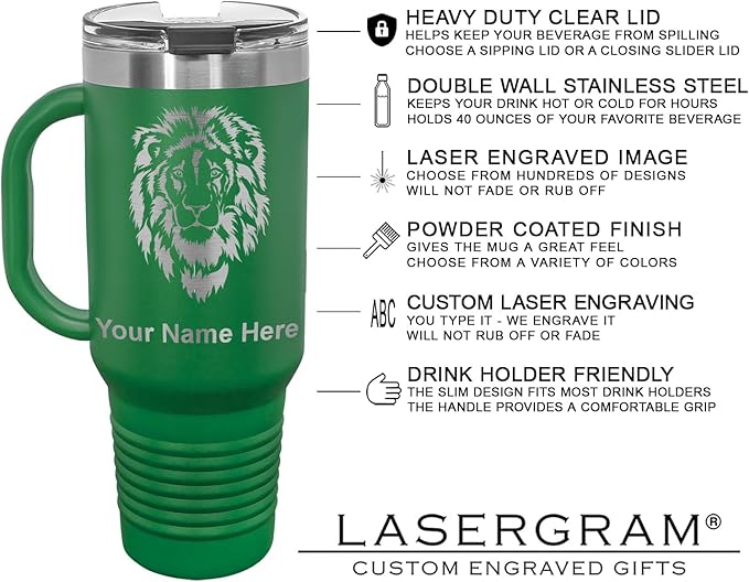 LaserGram 40oz Vacuum Insulated Travel Mug with Handle, Cup Cake, Personalized Engraving Included (Green)