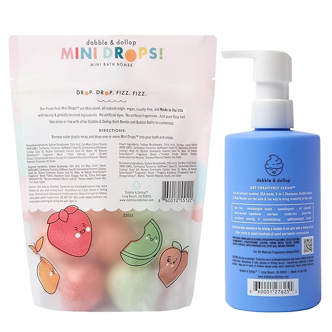 Dabble & Dollop Fresh Fruit Mini Bath Bombs & Blueberry Shampoo, Body Wash, Bubble Bath for Kids - All Natural Fruity Scents, Resealable Pouch, Vegan, Gluten-Free, Cruelty-Free (Pack of 2)