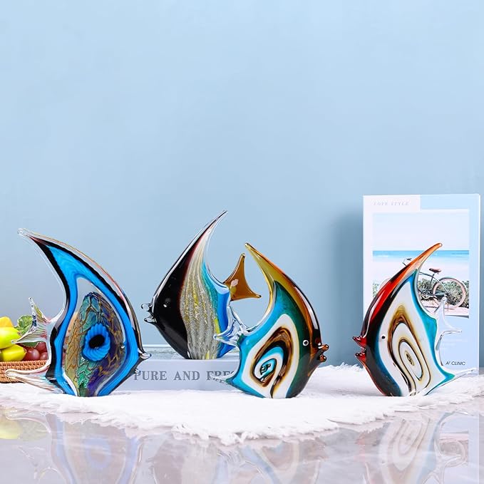 DOVDOV Hand Blown Glass Fish Sculpture, red and Colorful Glass Fish Decorations, Colorful Home Decorations for Bookshelf, Office, Living Room TV Stand, Room Decor Aesthetics.