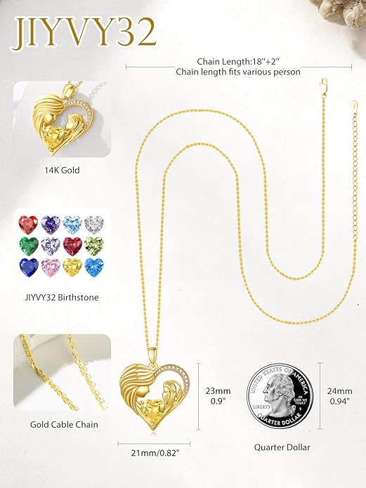 Mother and Daughter/Son Love Heart Necklace White Gold/14K Gold/Rose Gold Birthstone Jewelry Christmas Mothers Day Birthday Gifts For Mom Wife Grandma Women