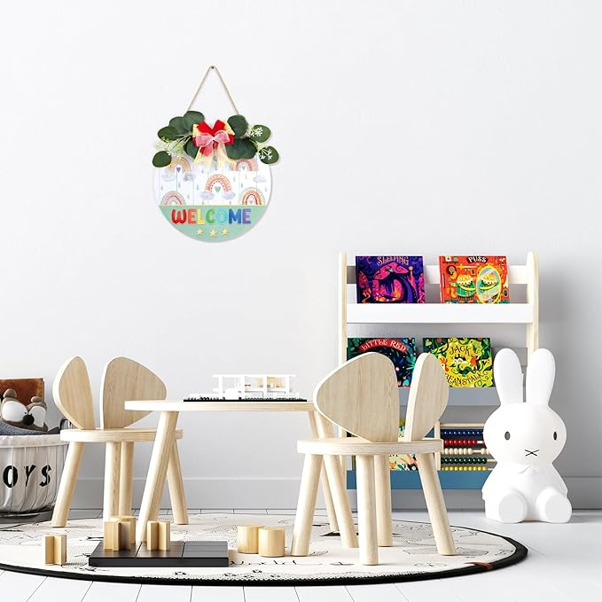 CHDITB Rainbow Welcome Sign, Wreath Wood Hanging Plaque, Welcome Door Sign, Raindrop Wreath Round Wall Art Sign Hanger Classroom Wall Decor for Nursery Kid Room Playroom Decor-14.9x14.9 inch