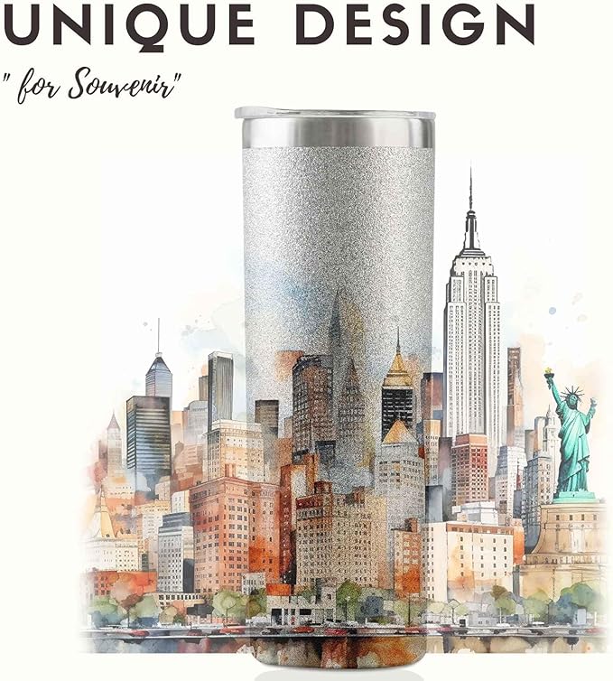 Onebttl New York City Skyline Gifts, NYC Gifts for NYC Lovers, Skyline Map 20oz Stainless Steel Tumblers with Lids and Straws, Perfect for Birthday & Christmas