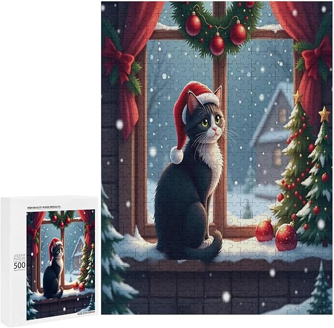 Jigsaw Puzzles for Adults 500 Piece - Christmas Black Cat Wooden Puzzles, Stress Relief Games, Funny Puzzles，Unique Gifts for Wall Art，Family Puzzles，Educational Games