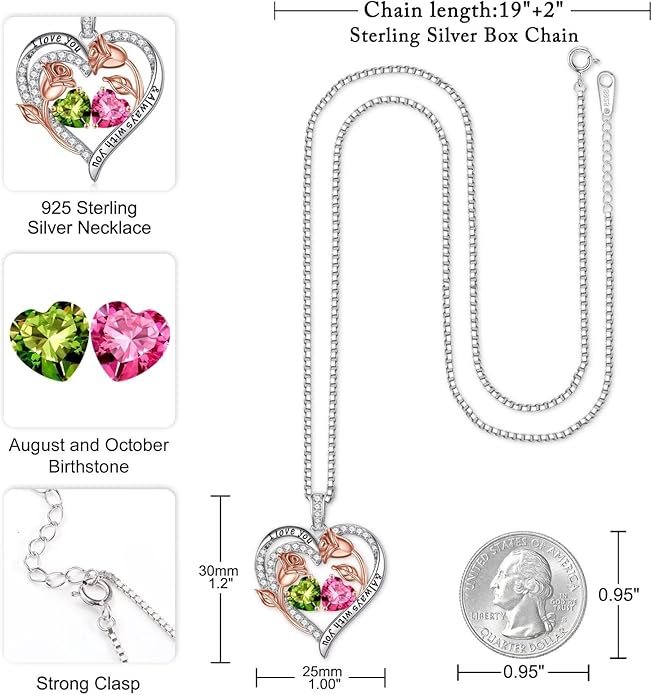 Iefil Valentines Day Gifts for Her - 925 Sterling Silver Rose Heart Birthstone Necklace Birthday Anniversary Jewelry Gifts for Her Wife Mom Daughter