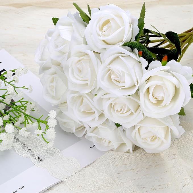 Roses Artificial Flowers, Fake Velvet Silk Roses in Bulk for Home Decor Indoor, Fake Roses Realistic Flowers with Stems for Wedding Centerpiece Party Decor (48, White)