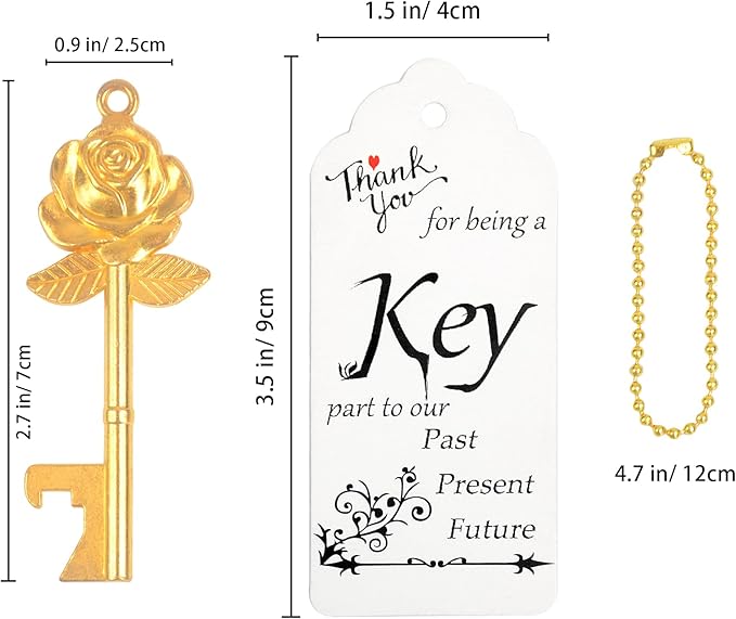 Aokbean 100 PCS Rose Flower Shaped Keys Wedding Favors Gift for Guest Bulk Skeleton Key Bottle Opener with Card and Chain for Rustic Party Bridal Showers Decorations (Gold)