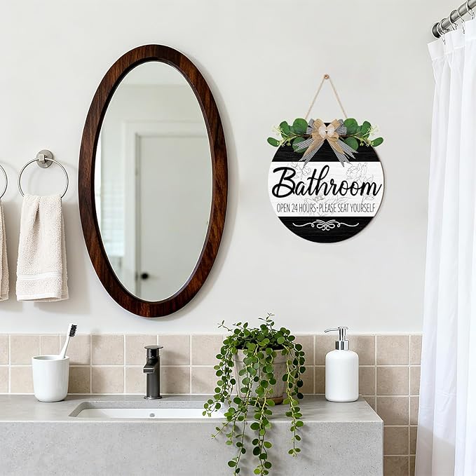 CHDITB Bathroom Wall Decor, Funny Bathroom Wooden Wreath Sign, Rustic Round Humorous Wood Hanging Plaque, Open 24 Hours Please Seat Yourself Door Signs, Modern Farmhouse Hanger for Restroom Toilet