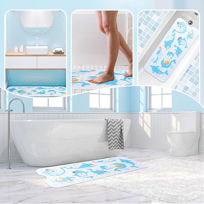 Baby Bath Mat for Tub Non Slip Kids Bathtub Mat Extra Long 40X16 Inch Toddler Bath Tub Shower Mat Anti Slip with Suction Cups & Drain Holes, Machine Washable (Dolphins)