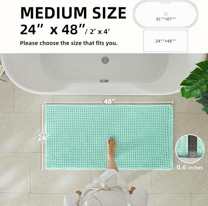 Waffle Bath Mat, Boho Bathroom Rugs Non Slip Washable Super Absorbent Quick Dry Cute Bath Mat Farmhouse Bathroom Decor, 48"x24" Aqua Blue