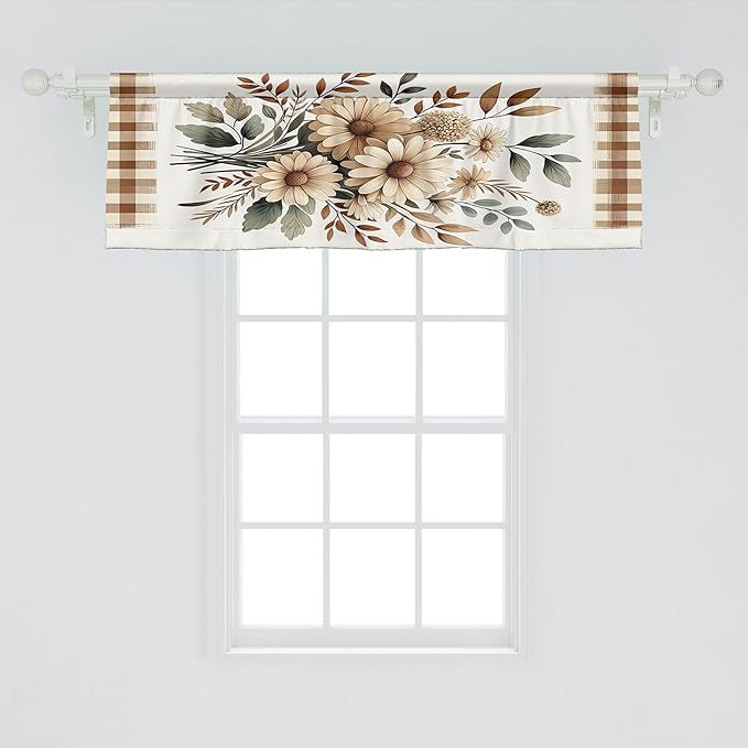 Ambesonne Sunflower Window Valance Pack of 2, Plaid Ornate Autumn Tones Daisy Huddle with Leaves Cottagecore Vibe, Rod Pocket Curtain Valances Kitchen Bedroom, 54" X 18",Tan Taupe and Dark Pink
