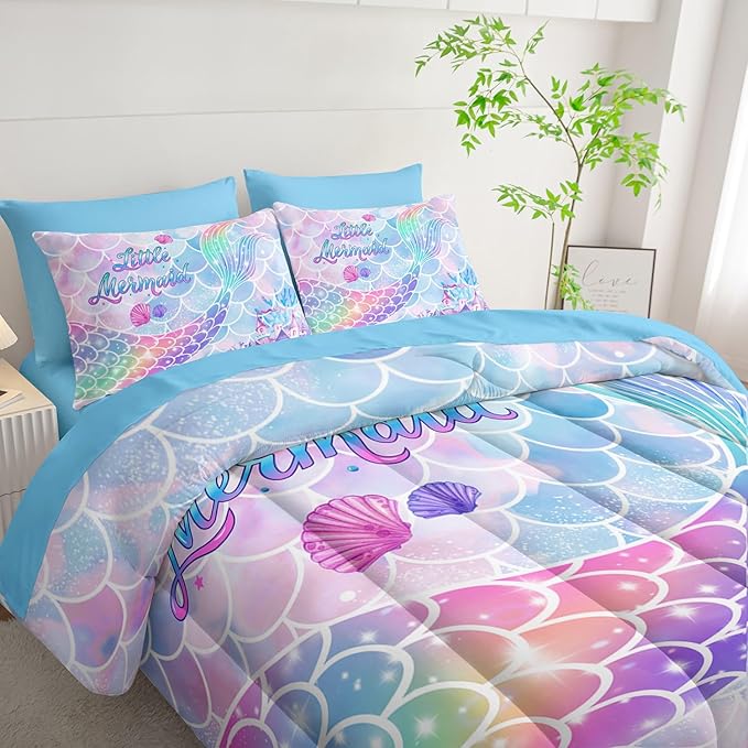 7Pcs Comforter Set Rainbow Mermaid Tail Printed Bedding Set with 1 Comforter, 1 Flat Sheet, 1 Fitted Sheet and 4 Pillowcases for Girls Bedroom All Season(Mermaid-3 Twin)