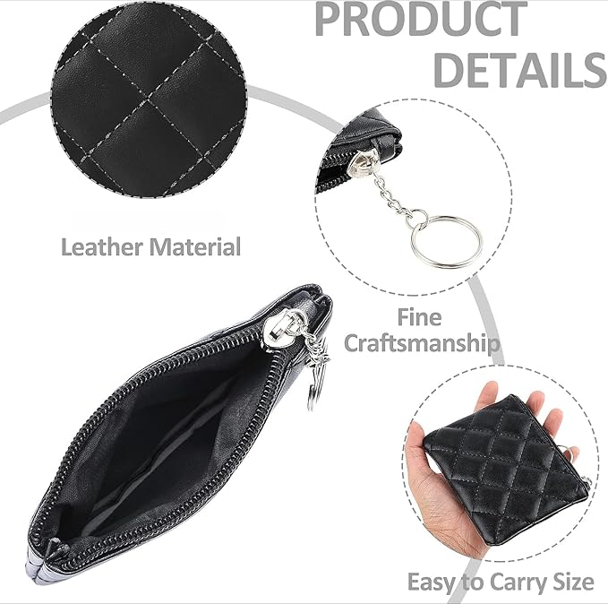 Real Leather Coin Purse with Rhombus Embroidery Zipper Keychain Mini Wallet for Women & Men (Black)