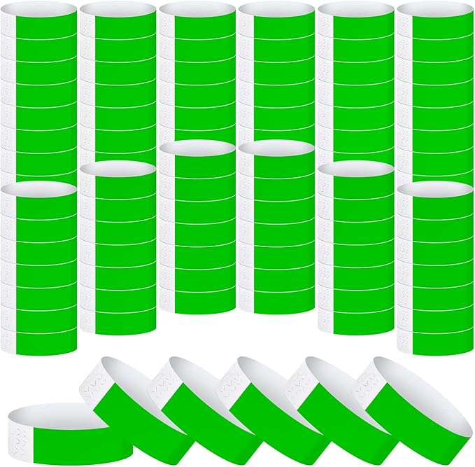 Tudomro 1200 Pack Plastic Paper Wristbands for Events Neon Party Wrist Bands Colored Waterproof Concert Identification Hand Bands Lightweight Adhesive Wristband(Neon Green)