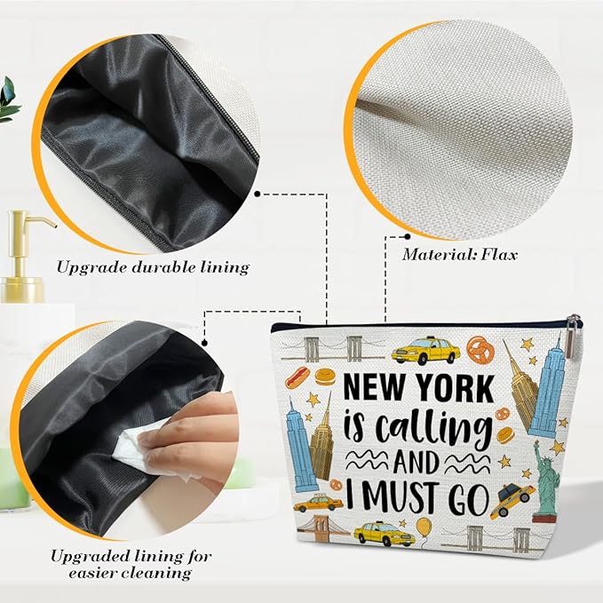 Funny New York Trip Makeup Bag, City Themed Gifts Favors, New York Is Calling And I Must Go, Travel Lover Gifts For Women Her, Travel Cosmetic Bag For Holiday Trip Vacation