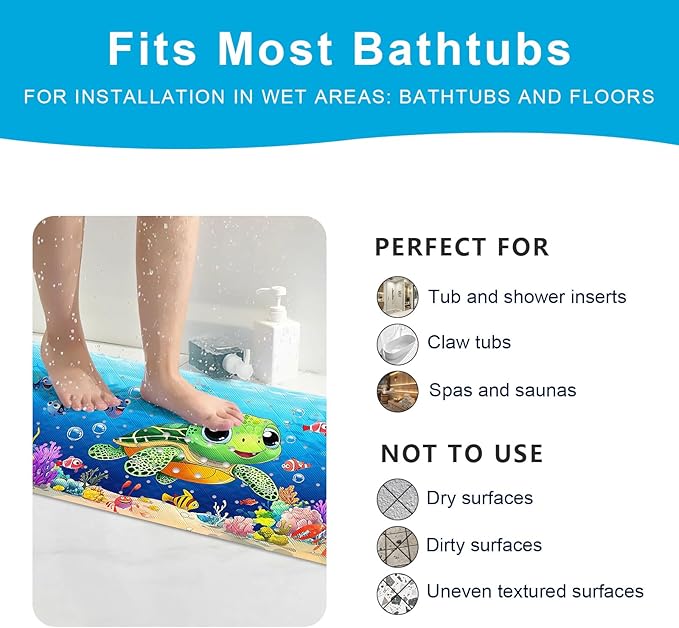 XIYUNTE Baby Bath Mat for Tub Non Slip Kids Bath Mat - 40''x16'' Extra Long Cartoon Turtle Baby Bath Tub Mat Eco-Friendly Toddler Bath Mats with Suction Cups & Drain Holes, Easy to Clean & Easy Drying