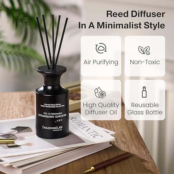 M&SENSE Reed Diffuser Set, 10.14 fl oz Large Reed Diffuser, Strawberry Gardenia Scented with Natural Essential Oils, Long Lasting with 7 Sticks, Non-Toxic Home Fragrance Reed Diffuser for Bedroom