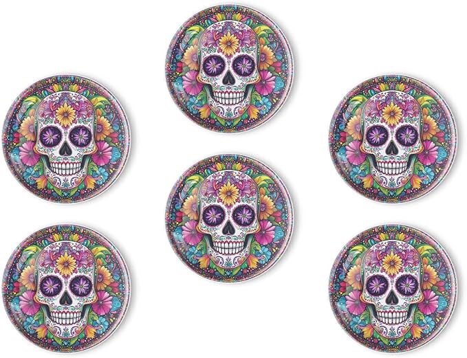 Fridge Magnets 6 Pcs Colorful Sugar Skull with Flowers Round Strong Magnetic Glass Small Refrigerator Magnet,Home Decoration for Office Whiteboards,Classrooms,Cabinet and Dishwasher