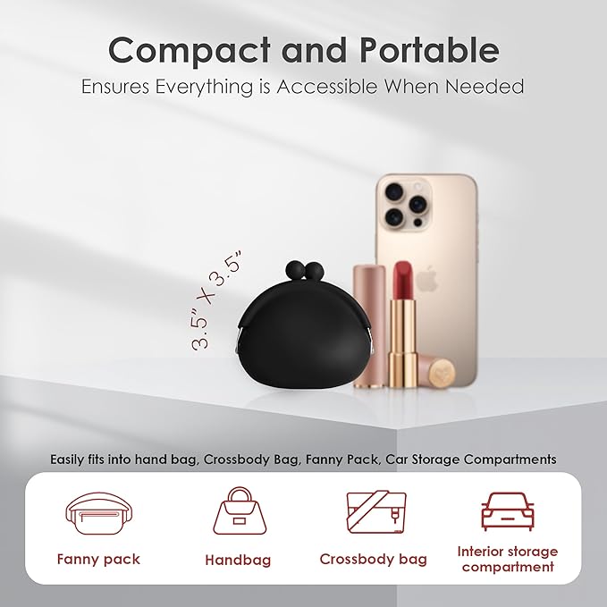 Coin Purse for Women – Silicone Small Coin Pouch with Kiss Lock for Coins, Keys, Lipstick, and Earphones – Mini Cute Change Purse, Coin Purse & Pouch for Daily Life, Cars, Travel, Party (Black)