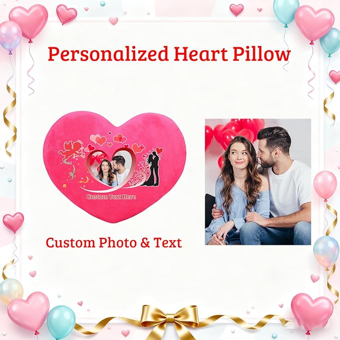 Custom Heart Pillow with Photo Name, Personalized Heart Pillows Decorative Throw Pillows as Valentine Pillow Personalized Gifts for Women Men Kids Family on Valentines Day Anniversary