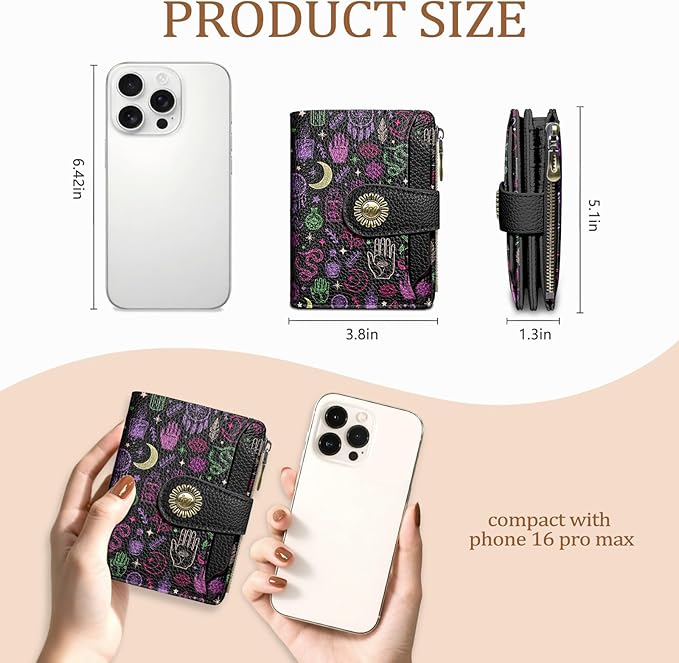 Goth Gothic Small Wallet Women RFID Blocking Bifold, Credit Card Holder, Zipper Coin Pocket, PU Leather, Magic Witchy, Compact, Travel, 4 ID Window, 14 Card Slots, Cash Purse, Ladies Woman