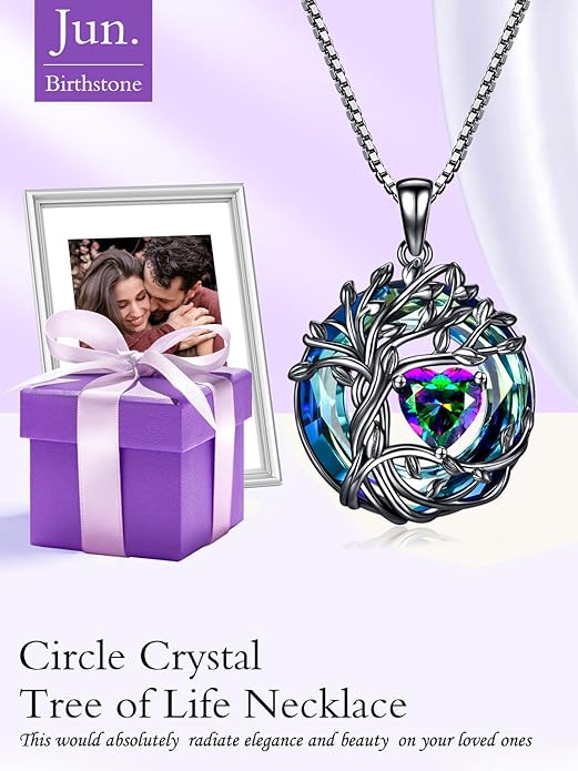 TOUPOP Tree of Life Birthstone Necklace 925 Sterling Silver Pendant Austrian Crystal Jewelry Anniversary Valentine's Day Birthday Gifts for Women Mom Her Wife