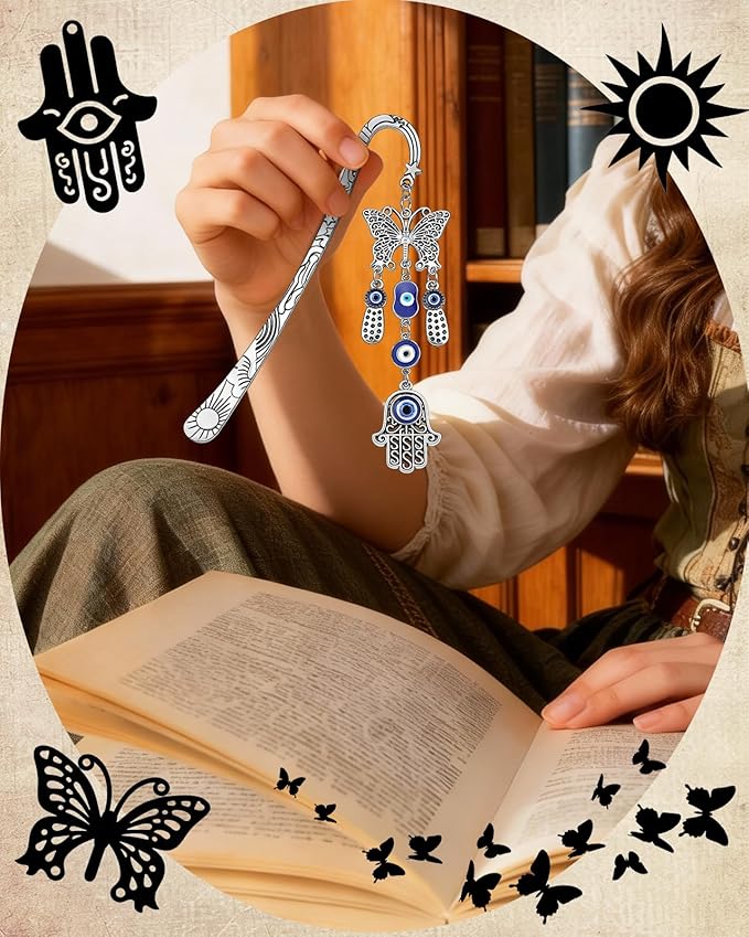 Buleens Bookmarks for Women Reading - Book Marks for Readers Book Lovers, Cute Sliver Butterfly Blue Eye Personalized Metal Bookmark with Pendants, Pretty and Aesthetic Book Accessories Reading Gifts