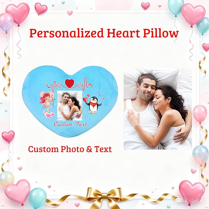 Custom Heart Pillow with Insert, Personalized Heart Shaped Pillows with Photo Name as Valentine Pillows for Hubsand Wife Home Decor Personalized Gifts for Valentines Day Anniversary