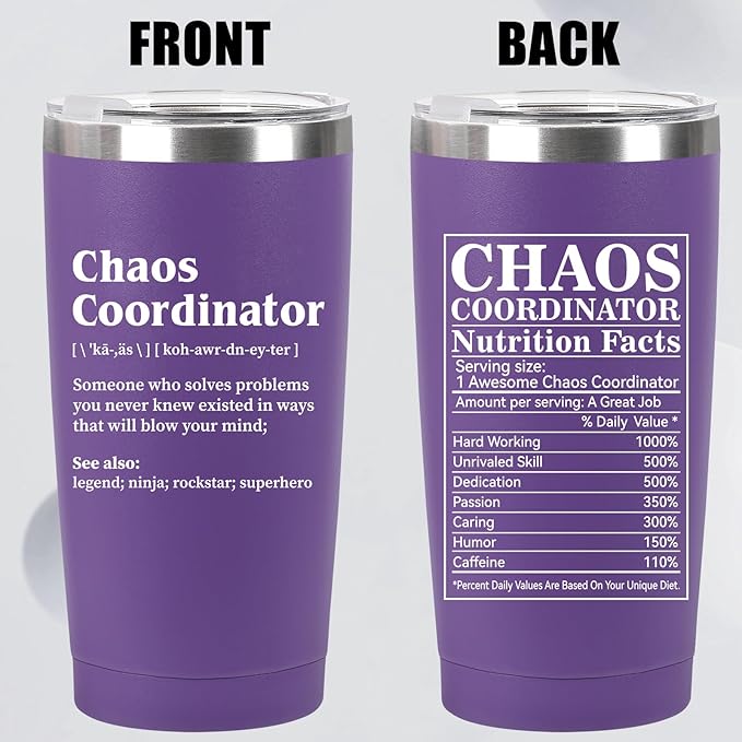 Chaos Coordinator Gifts for Women Men - Chaos Coordinator Tumbler Mug 20oz Gifts for Boss Coworker Gift for Teacher Appreciation Present Baskets for Supervisor Manager Nurse Purple Drinking Cup