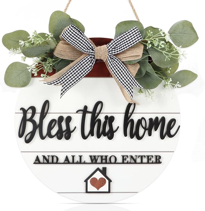 TOARTi 3D Bless This Home Wooden Door Sign Hanging, Welcome Porch Wall Sign with Bow-Knot Wreath, Bless This Home and Who Enter Sign Housewarming Gift for Kitchen/Entryway/Porch/Front Door