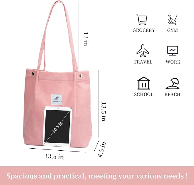 Corduroy Tote Bag Cute Tote Bags for Women Shoulder Bag with Inner Pocket for Work Beach Travel and Shopping Grocery