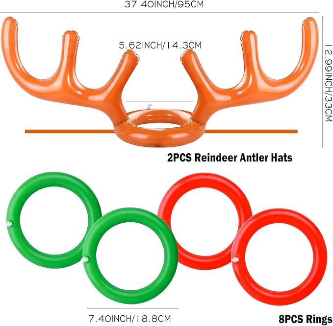 2 Set Inflatable Reindeer Antler Ring Toss Game for Christmas, with 2 Antlers and 8 Rings, Indoor Outdor Game Hats Family Christmas for Teens Adults, Fun Xmas Gifts