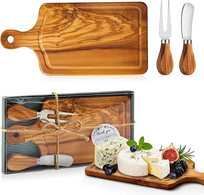 1 Set Bridal Baby Shower Cheese Prizes Wooden Square Board Gift Set Knives Forks Thank You Tags with Box for Guests for Valentines Bridal Baby Shower Housewarming (Olive Wood)