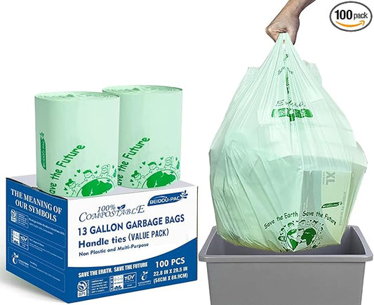 BEIDOU-PAC Compostable 13 Gallon Trash Bags, Tall Kitchen Garbage Bags with Handle, Sturdy Biodegradable Compost Bags, 100 Count, US BPI Certified